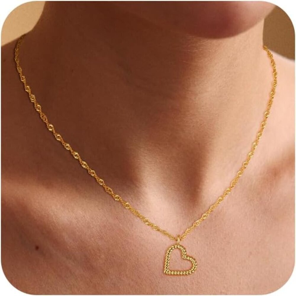 ⚡Golden 14K Gold Plated Heart Pendant Necklace for Women Charm Heart Slip Chain